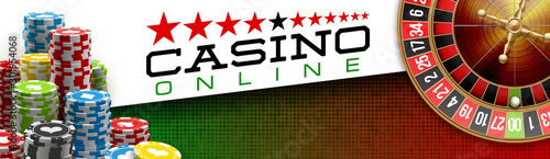 illustration Online Poker casino banner with american roulette on green surface table. Marketing Luxury green Banner Jackpot Online Casino with classic roulette. Advertising poster with poker chips