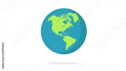 Flat design spinning Earth isolated on white. Animation of planet Earth. Flat design