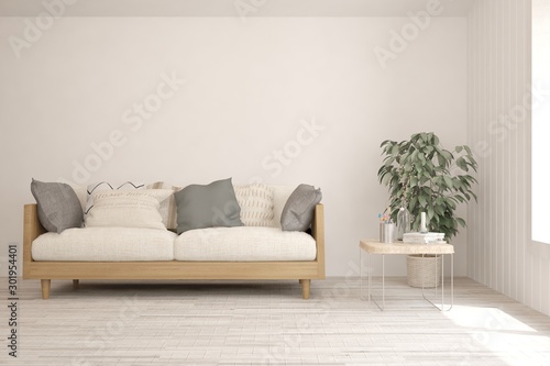 Stylish room in white color with sofa. Scandinavian interior design. 3D illustration