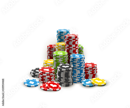illustration Online web casino banner with american Stack Poker chips isolated on white background. Marketing Luxury white Banner Stack Poker chips. Advertising poster set Online web Casino Jackpot