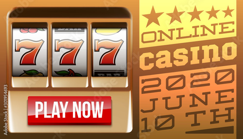 Illustration banner of mobile online casino application with 777 big win slot machine. Realistic advertising poster with online mobile app casino and Jackpot 777. Play now in One Armed Bandit banner