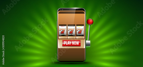 Illustration banner of mobile online casino application with 777 big win slot machine. Realistic advertising poster with online mobile app casino and Jackpot 777. Play now in One Armed Bandit banner