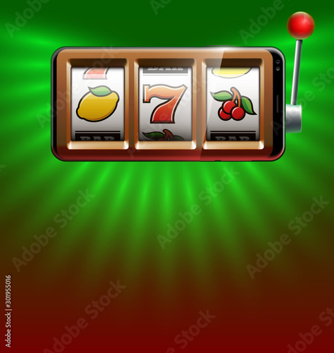 Illustration banner of mobile online casino application with 777 big win slot machine. Realistic advertising poster with online mobile app casino and Jackpot 777. Play now in One Armed Bandit banner