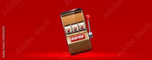 Illustration banner of mobile online casino application with 777 big win slot machine. Realistic advertising poster with online mobile app casino and Jackpot 777. Play now in One Armed Bandit banner