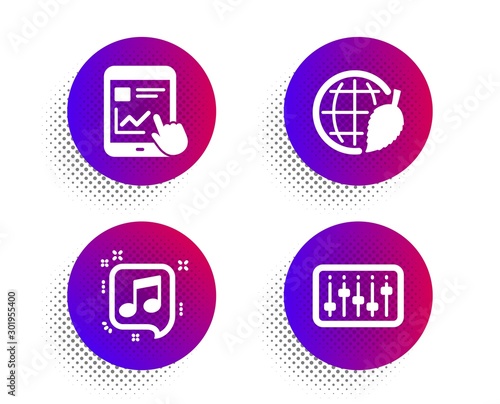 Musical note, Environment day and Internet report icons simple set. Halftone dots button. Dj controller sign. Speech bubble, Safe world, Web tutorial. Musical device. Education set. Vector