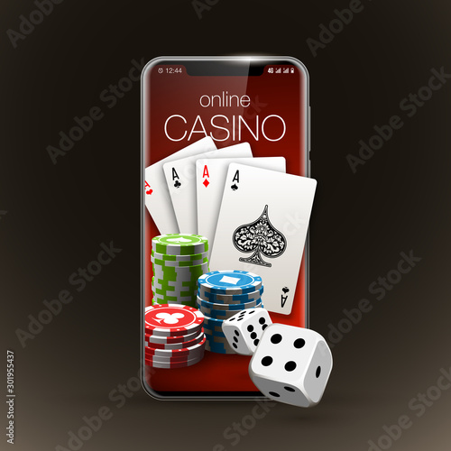 Vector illustration Online Poker casino banner with a mobile phone, chips, playing cards and dice. Marketing Luxury Banner Jackpot Online Casino with New model Smartphone. Empty advertising poster.
