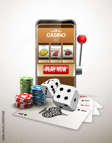 big win illustration Online Jackpot casino Slot machine banner in mobile phone. Chips, playing card, dice. Marketing Luxury Banner Jackpot Online Casino game Slot-machine in Smartphone play now poster