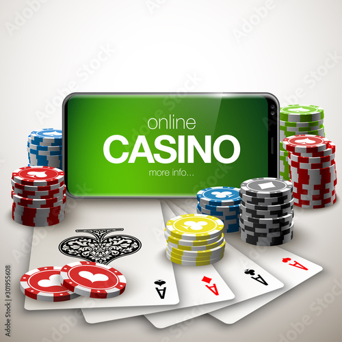 illustration Online Poker casino banner with a mobile phone, chips, playing cards and dice. Marketing Luxury Banner Jackpot Online Casino with New model Smartphone. Empty advertising poster.