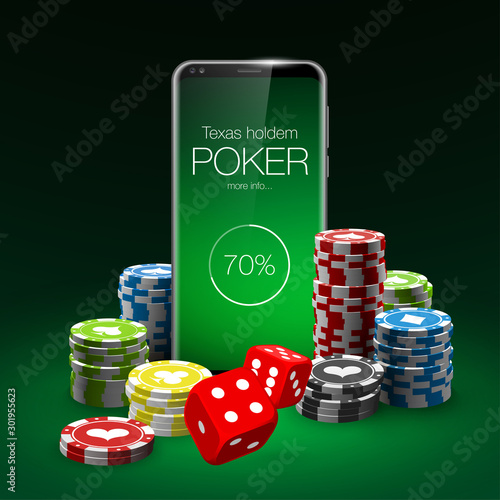 illustration Online Poker casino banner with a mobile phone, chips, playing cards and dice. Marketing Luxury Banner Jackpot Online Casino with New model Smartphone. Empty advertising poster.