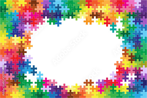 Colorful jigsaw puzzles and blank white center background