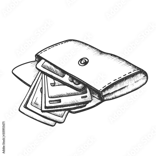 Wallet With Money Banknotes Monochrome Vector. Opened Personal Woman Wallet With Cash. Purse For Payment Engraving Template Hand Drawn In Vintage Style Black And White Illustration