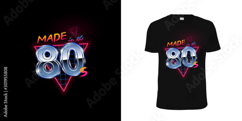 Retrowave style made in the 80s metallic inscription with neon triangle and blue laser grid on black background. Typography, print, vector illustration