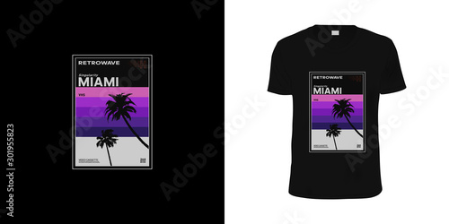 Retrowave Miami VHS cassette. Stylish t-shirt and apparel retro design like VHS cassette with palm trees silhouettes. Typography, print, vector illustration.