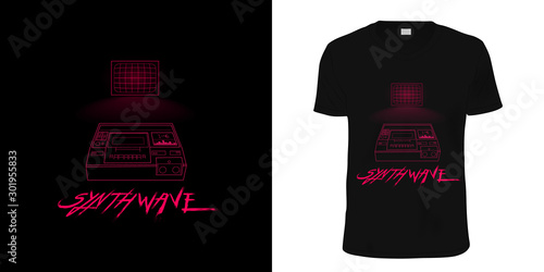 Synthwave. Stylish t-shirt and apparel retro design with pink contour TV with glowing screen and perspective retro audio recorder on foreground with SYNTHWAVE inscription.Typography, print, vector