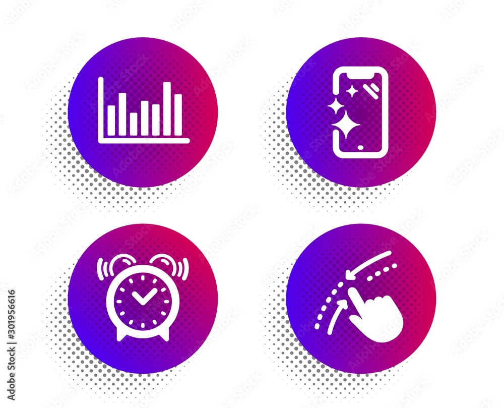 Alarm clock, Bar diagram and Smartphone clean icons simple set. Halftone dots button. Swipe up sign. Time, Statistics infochart, Phone screen. Touch down. Business set. Vector Alarm clock, Bar diagram and Smartphone clean icons simple set. Halftone dots button. Swipe up sign. Time, Statistics infochart, Phone screen. Touch down. Business set. Vector