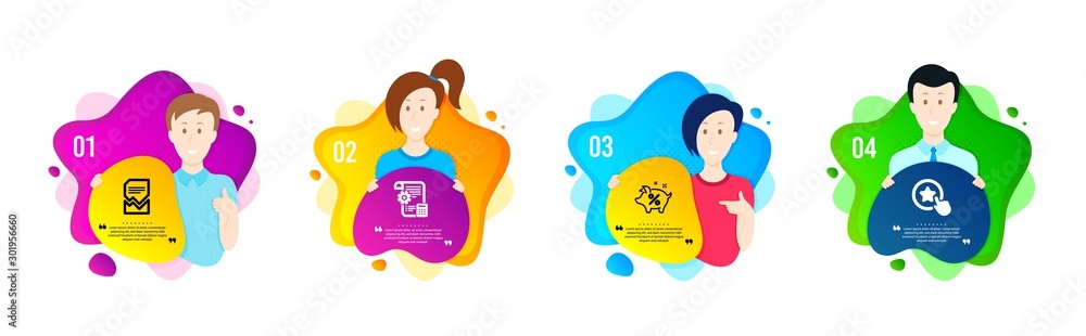 Loan percent, Corrupted file and Settings blueprint icons simple set. People shapes timeline. Loyalty star sign. Piggy bank, Damaged document, Report document. Bonus reward. Technology set. Vector