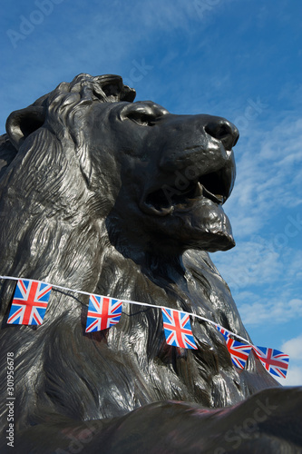 Heroic close-up of Trafalgar Square lion in London, UK, installed in 1867, with British Union Jack flags under bright blue sky