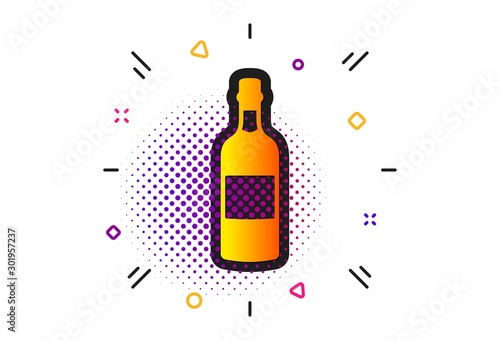 Whiskey or Scotch alcohol sign. Halftone circles pattern. Brandy bottle icon. Classic flat brandy bottle icon. Vector