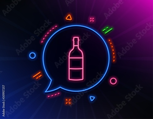 Wine bottle line icon. Neon laser lights. Merlot or Cabernet Sauvignon sign. Glow laser speech bubble. Neon lights chat bubble. Banner badge with wine bottle icon. Vector