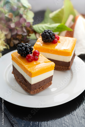 Fototapeta Naklejka Na Ścianę i Meble -  Triple-Chocolate Mousse Cake.  Individual Desserts. 
