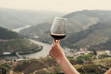 hand holding a glass of red wine on background Landscape of Douro Valley, Portugal. Port Wine production place