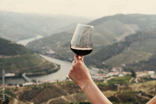 hand holding a glass of red wine on background Landscape of Douro Valley, Portugal. Port Wine  production place