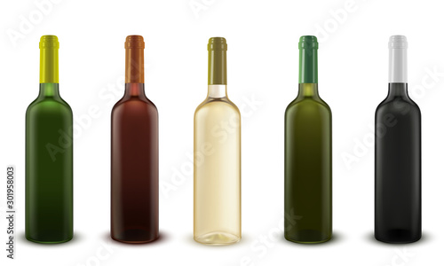 Realistic vector set of wine bottles of various colors of glass.