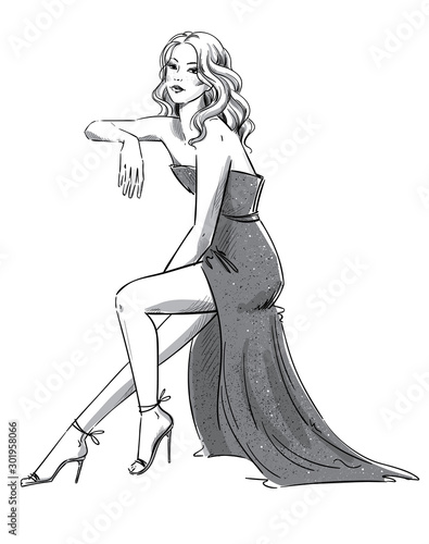 Fashion illustration of a young woman in an evening dress sitting