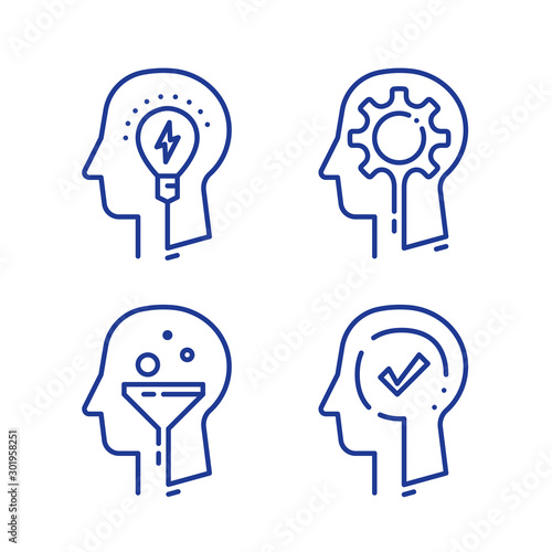 Human head profile with light bulb and cogwheel, logic game, memory training