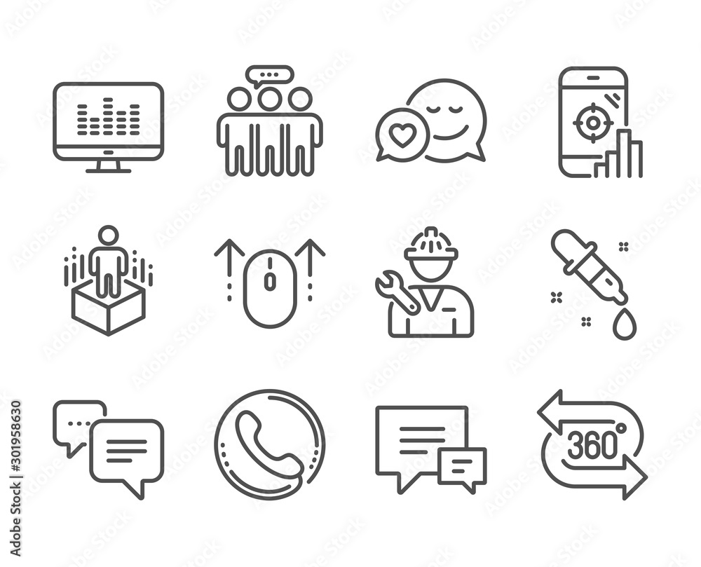 Set of Technology icons, such as Music making, Swipe up, Call center, Comment, 360 degree, Augmented reality, Employees group, Repairman, Chemistry pipette, Dots message, Seo phone, Dating. Vector Set of Technology icons, such as Music making, Swipe up, Call center, Comment, 360 degree, Augmented reality, Employees group, Repairman, Chemistry pipette, Dots message, Seo phone, Dating. Vector