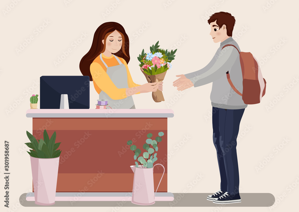Saleswoman giving blossoms to customer visiting floristic store for choosing and buying present. Young man buying bouquet in flower shop. Florist profession, job. Vector illustration. Saleswoman giving blossoms to customer visiting floristic store for choosing and buying present. Young man buying bouquet in flower shop. Florist profession, job. Vector illustration.