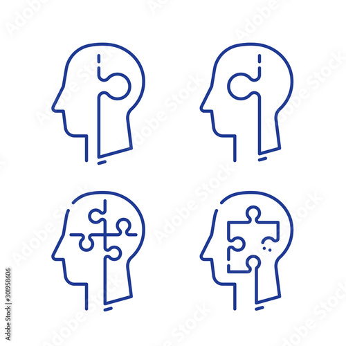 Human head profile and jigsaw puzzle, cognitive psychology or psychotherapy concept, mental health