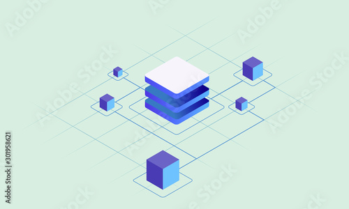 Blockchain technology, smart chain decentralized secure storage vector concept illustration. Abstract isometric blocks connected to each other by one line. For slider, banner, web design
