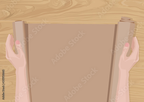 Roll of brown parchment paper in female hands, top view. Vector illustration.