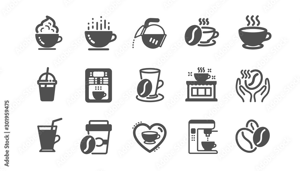 Coffee icons. Beans, hot cocktail and coffee maker machine. Espresso cup, cappuccino icons. Latte vending machine and roasted beans. Classic set. Quality set. Vector Coffee icons. Beans, hot cocktail and coffee maker machine. Espresso cup, cappuccino icons. Latte vending machine and roasted beans. Classic set. Quality set. Vector