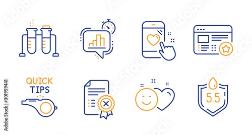 Smile, Reject certificate and Heart rating line icons set. Statistics timer, Favorite and Chemistry beaker signs. Tutorials, Ph neutral symbols. Social media like, Decline file. Vector