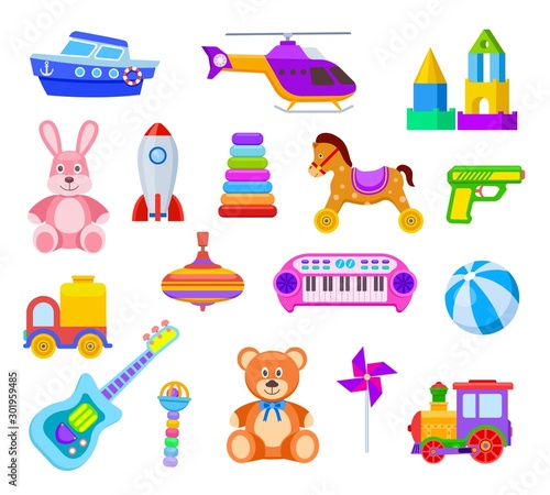 Children toys. Guitar and car, train and whirligig, bear and hare, helicopter and ball, rocket and ship, rattle kids toy vector set. Illustration ball and bear, car and whirligig toys