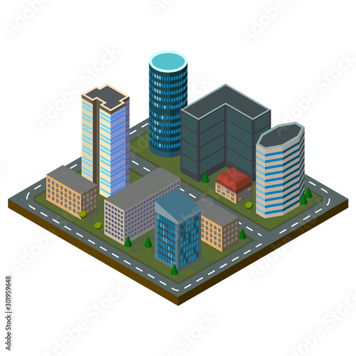 Isometric city center with skyscrapers, offices and stores.
