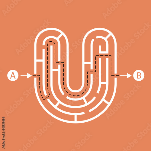 Letter shape Maze Labyrinth, maze with one way to entrance and one way to exit. Flat design, vector illustration. © Lepusinensis