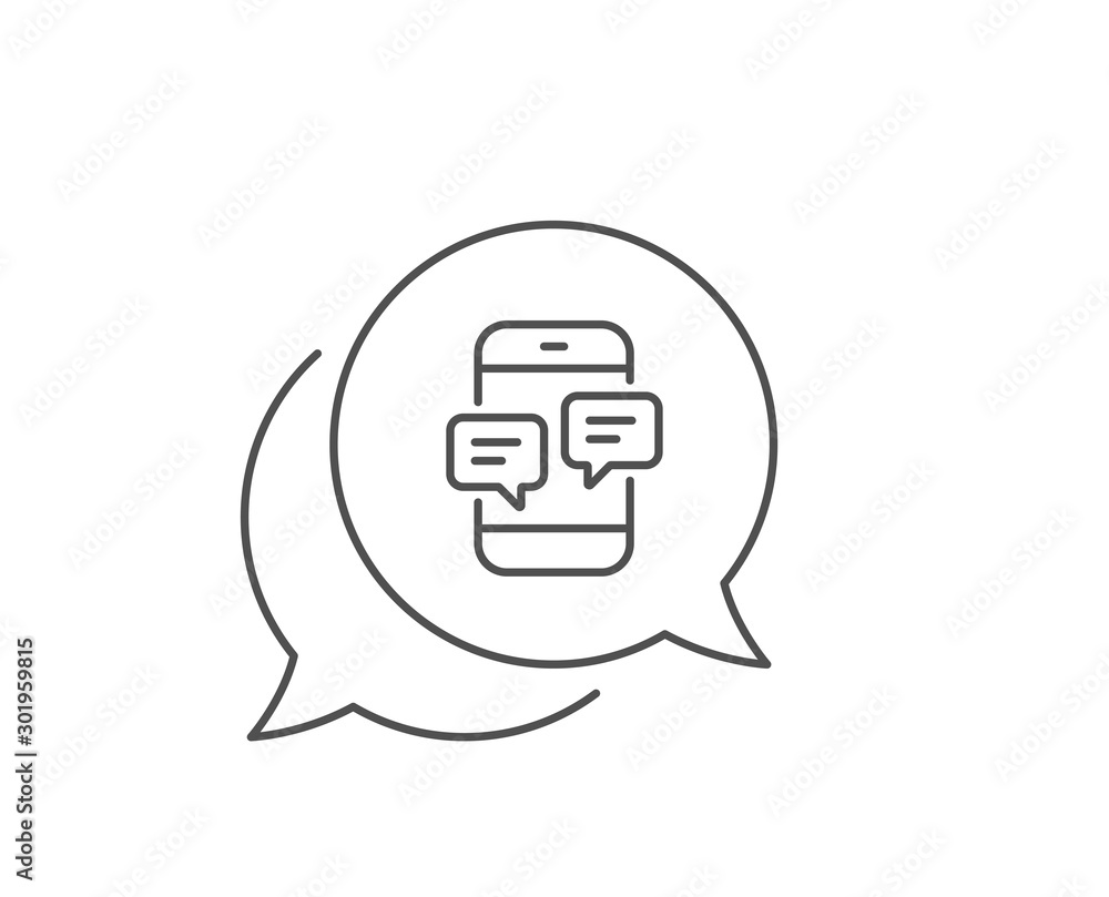Phone Message line icon. Chat bubble design. Mobile chat sign. Conversation or SMS symbol. Outline concept. Thin line phone Messages icon. Vector Phone Message line icon. Chat bubble design. Mobile chat sign. Conversation or SMS symbol. Outline concept. Thin line phone Messages icon. Vector