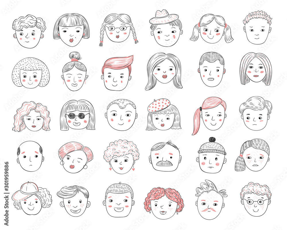 Sketch people avatars. Female and male portraits, human faces, men and women user profile doodle icons vector set. Male and female profile, sketch user person illustration