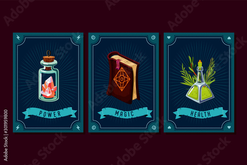 Game asset pack. Fantasy card with magic items. User interface design elements with decorative frame. Cartoon vector illustration.