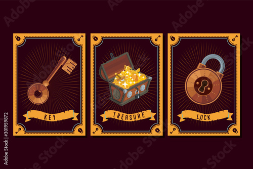 Game asset pack. Fantasy card with magic items. User interface design elements with decorative frame. Cartoon vector illustration.