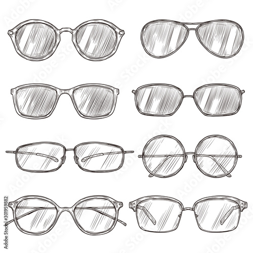 Sketch sunglasses. Hand drawn eyeglass frames, doodle eyewear. Male and female glasses isolated fashion vector vintage set. Illustration sunglasses and eyeglasses sketch, fashion drawn