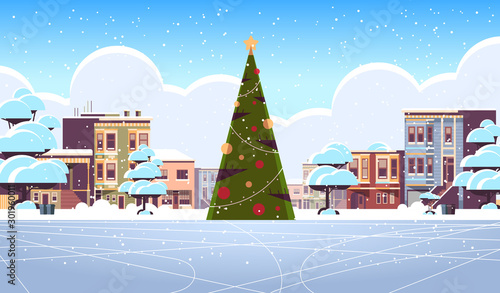 christmas ice rink empty no people snowy city street with decorated fir tree merry christmas happy new year winter holidays concept cityscape background greeting card horizontal vector illustration