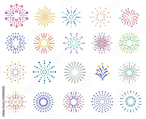 Color fireworks. Festive sparkles, carnival salutes. Birthday party and christmas vibrant firecrackers explosion vector set. Illustration fire carnival, christmas celebration firecracker
