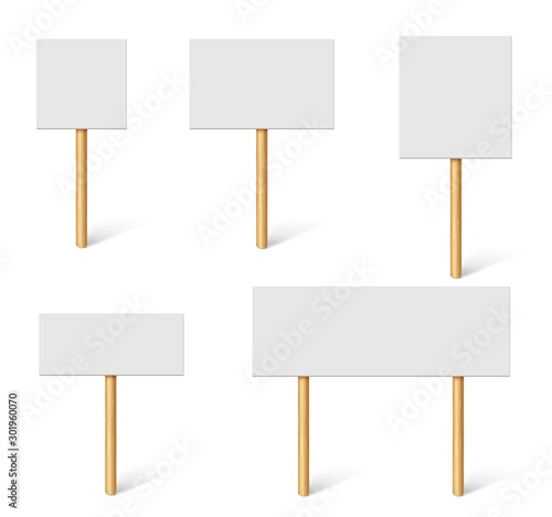 Blank demonstration banners. Protest placards, public transparency with wooden holders. Campaign boards with sticks vector 3d mockup. Illustration blank and placard empty, cardboard banner