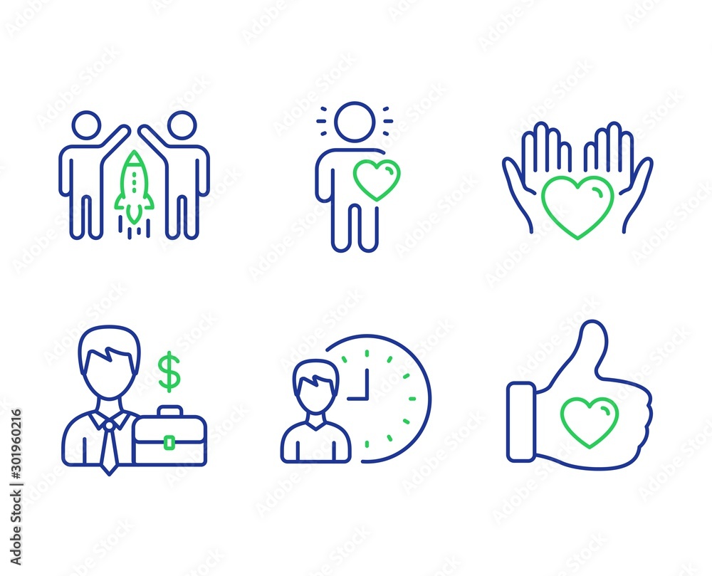 Businessman case, Working hours and Friend line icons set. Hold heart, Partnership and Like hand signs. Human resources, Project deadline, Love. Care love. People set. Vector Businessman case, Working hours and Friend line icons set. Hold heart, Partnership and Like hand signs. Human resources, Project deadline, Love. Care love. People set. Vector