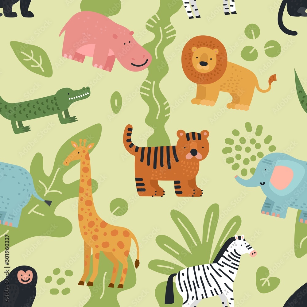 Jungle animals seamless pattern. Lion, crocodile and zebra, elephant and monkey, hippo and giraffe with summer tropical leaves vector texture. Monkey and lion, giraffe and elephant illustration Jungle animals seamless pattern. Lion, crocodile and zebra, elephant and monkey, hippo and giraffe with summer tropical leaves vector texture. Monkey and lion, giraffe and elephant illustration