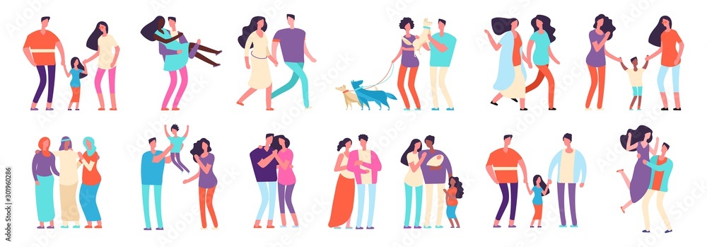 Different families. Arab, caucasian, mixed couples. Heterosexual and homosexual families with kids and pets. Mothers, fathers, friends vector characters. Set kind family with pet and kid illustration